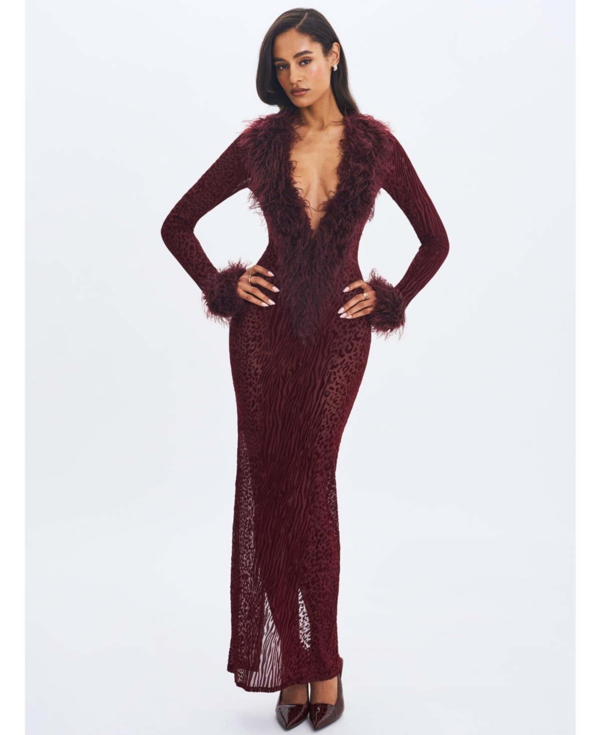 Miss Circle Women's Luana Burgundy Plunging Fur Trimmed Crochet Maxi Dress - Burgundy | Macy's