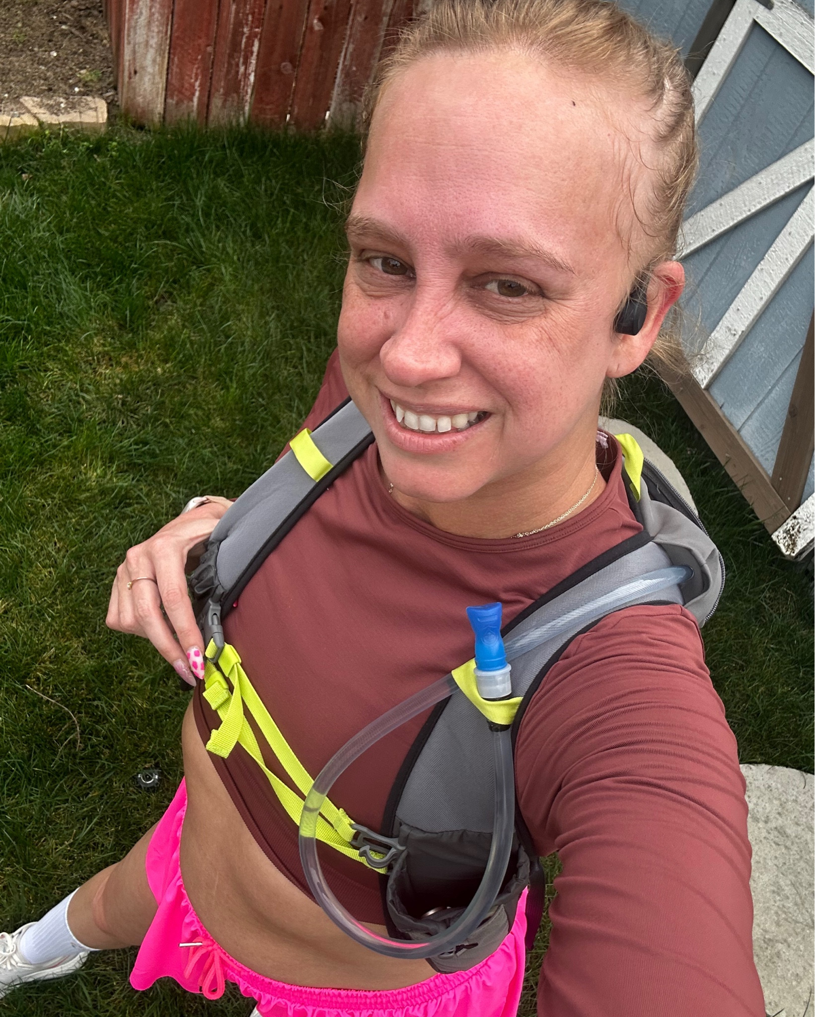 Week 8 day 3 of marathon training: 
Mile effort: 2.5 miles
1 mile warm up at conversational pace (90s rest)
1 mile at marathon pace: 8:55/mi (ranging between 8:40-9:10/mi) (120s walking rest) 
0.50 cool down 
Gymshark long sleeve workout tank 
Bright pink 2 in 1 flowy short with spandex shorts under (has a pocket) 
Hoka Mach6 running shoes 
Running hydration vest 
Shokz bone conduction headphones

#LTKActive #LTKSeasonal #LTKFitness