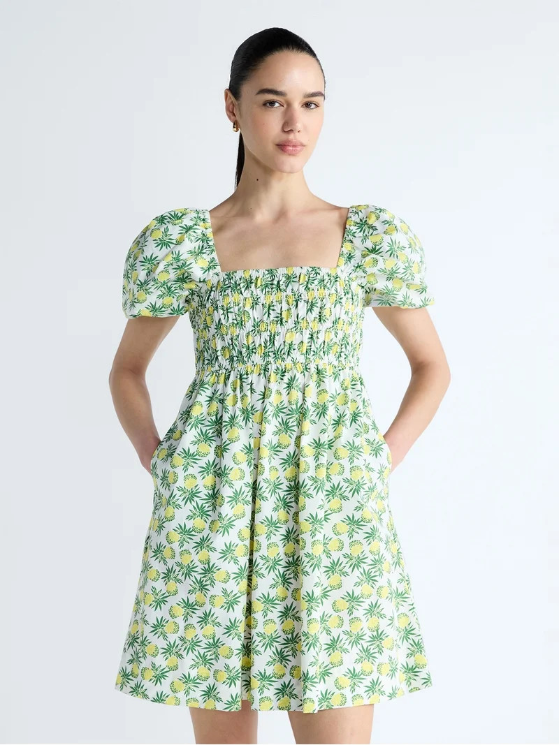 Free Assembly Women's and Women's Plus Smocked Cotton Peasant Mini Dress with Puff Sleeves, Sizes... | Walmart (US)