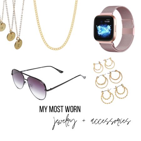 My most worn accessories and jewelry of 2022 — same as 2021 but added the wilder necklace that my mom gave me for my birthday! 😍 ••• 

• Fitbit versa • Quay sunglasses • Gorjana • Layering necklaces • hoop earrings • initial necklace • the Silver Wren • Etsy •

#LTKstyletip #LTKunder100 #LTKFind