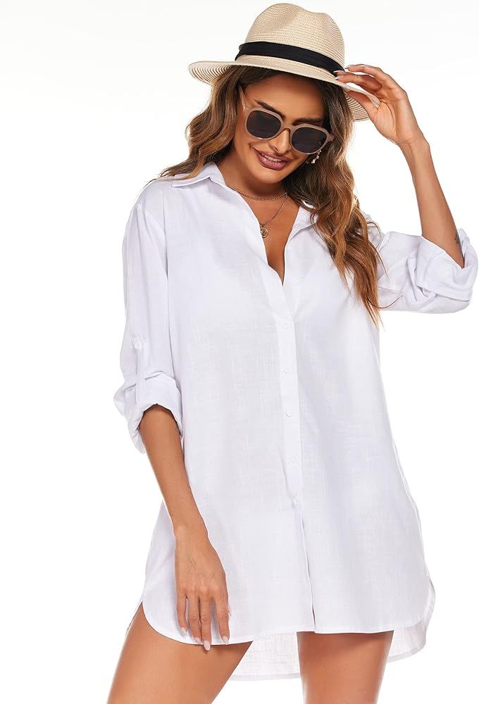 Hotouch Women Linen Shirts Button Down Long Sleeve Blouse Cuffed Sleeve Collared Shirt | Amazon (US)