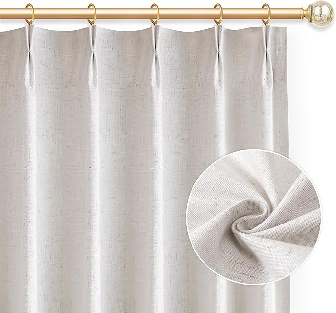 Natural Linen Pinch Pleated Curtains 96 Inch Length 1 Panel 100% Blackout Linen Curtains for Livi... | Amazon (US)