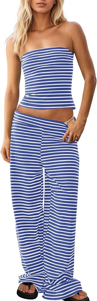 Womens Striped Tube Top Low Waist Wide Leg Pants Set Summer Beach Fashion Trendy Two Piece Y2K Ou... | Amazon (US)