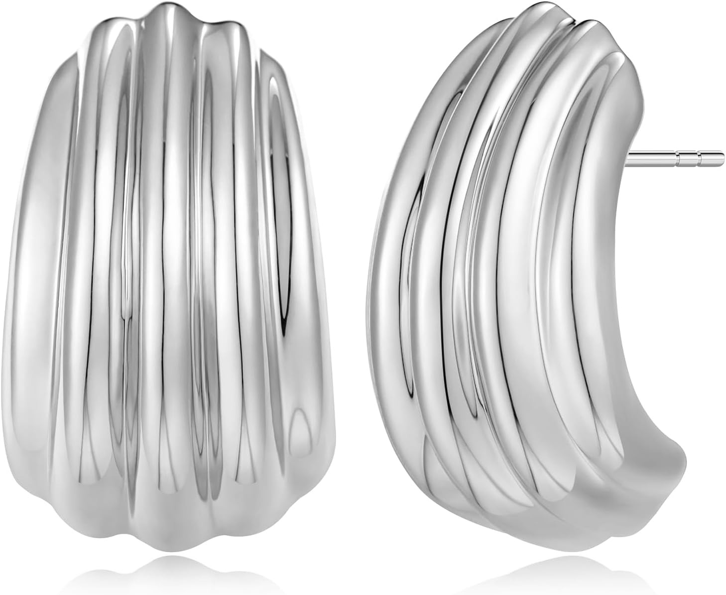 MUYAN Silver Striped Ridged Chunky Earrings for Women Trendy Minimalist Large Ribbed Textured Studs Jewelry | Amazon (US)