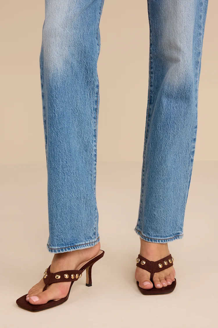 Elisabet Chocolate Suede Studded High Heel Thong Sandals | Lulus