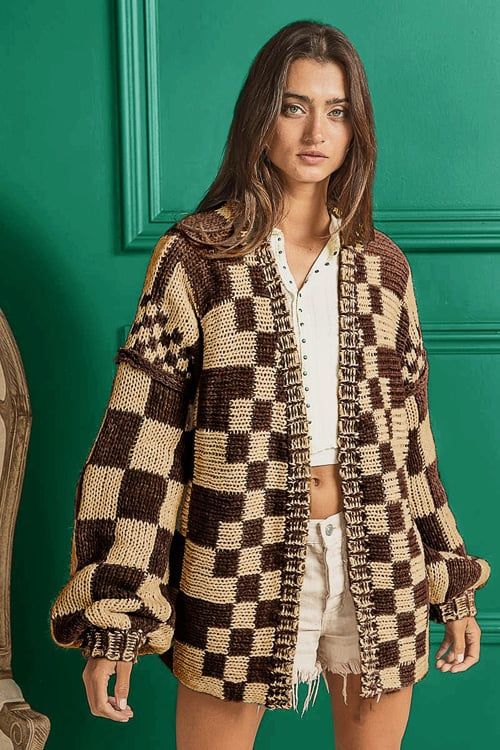 Oversized Checkerboard Chunky Cardigan Sweater-Dark Brown and Taupe | Fashion Junkee