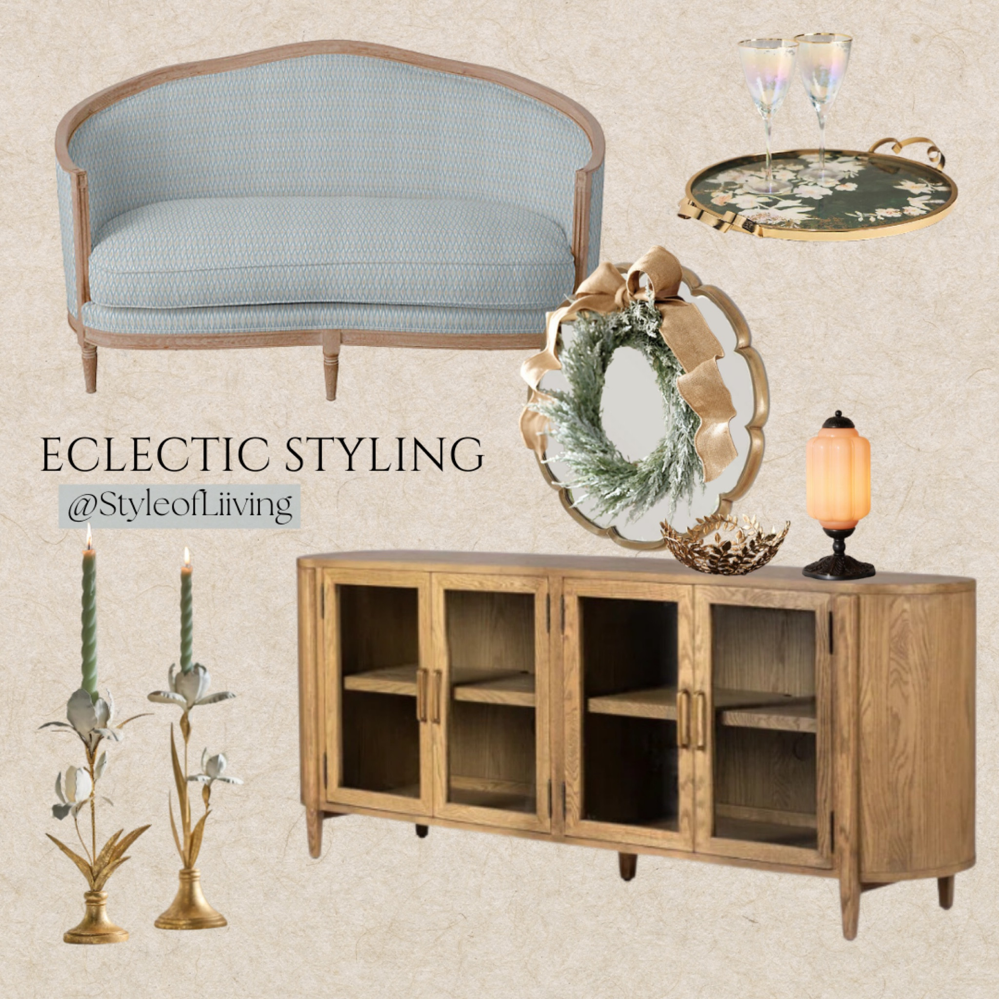 Eclectic home style! Anthropologie, Wayfair, and Ballard Designs. Candlestick holders, wall mirrors, winter holiday wreaths, sideboard buffets, settee, serving trays, vintage style lamps, decorative bowls. Home decor.

#LTKStyleTip #LTKHome #LTKHoliday