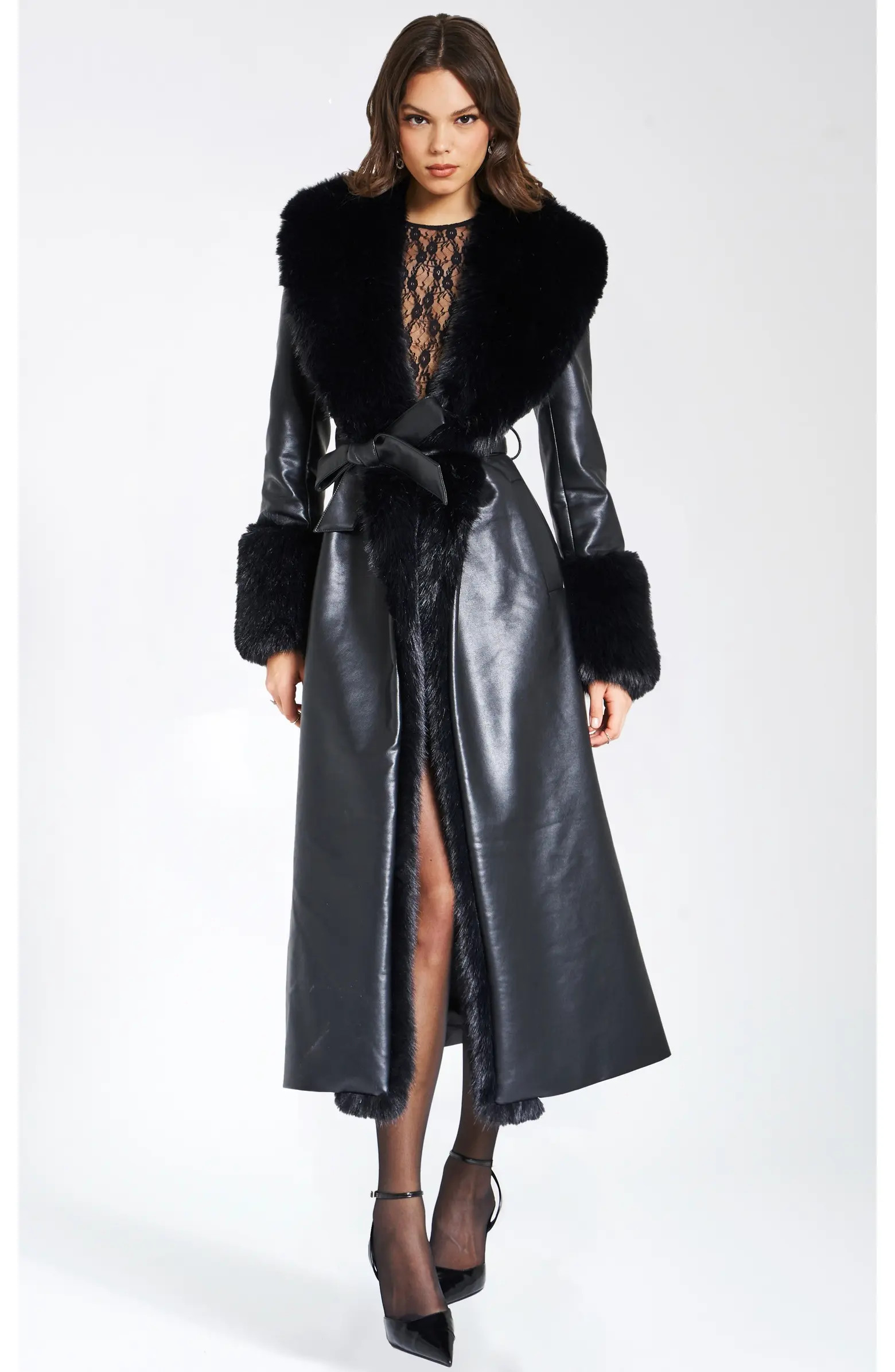 Zaida Full-Length Vegan Leather Fur Trim Coat | Nordstrom