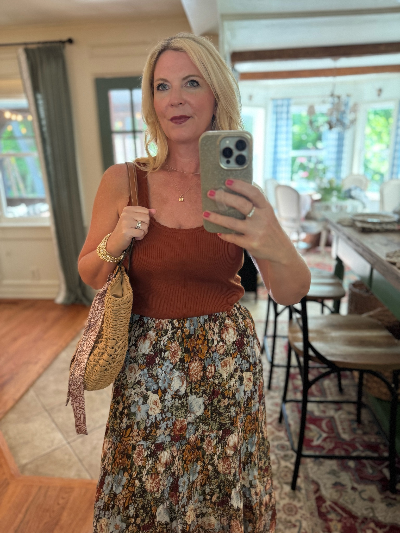 Floral and feminine maxi skirt with elastic waist, scallop trimmed ribbed tank top, gold beaded bracelets, purse, brown sandals, summer outfit, spring outfitt

#LTKMothersDay #LTKOver40 #LTKSaleAlert