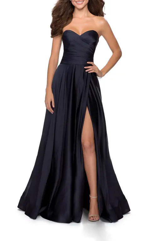 La Femme Strapless Slit Satin Ballgown in Navy at Nordstrom, Size 8 | Nordstrom