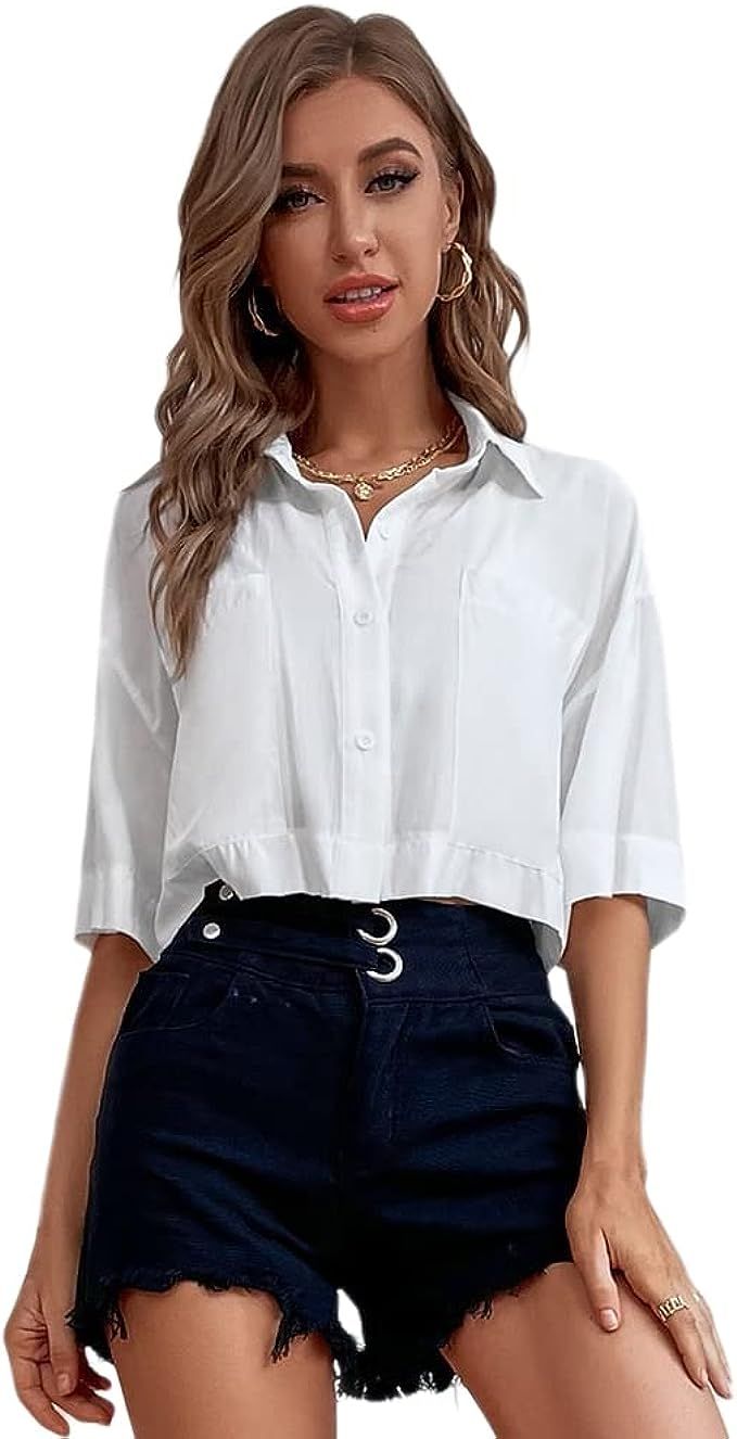 SheIn Women's Drop Shoulder Button Front Pocket Blouse Half Sleeve Blouse Shirt | Amazon (US)