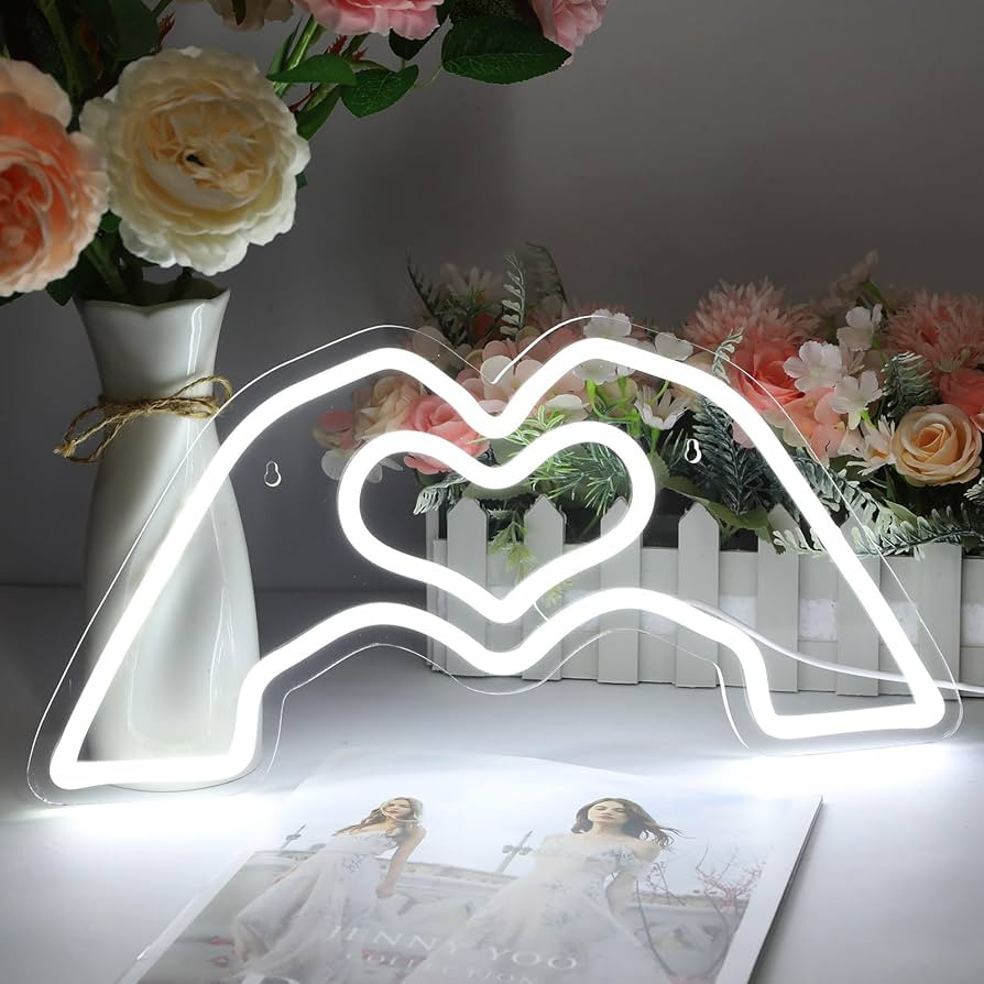 HMASYO Heart Hands Neon Sign Singer Love Finger, White Heart Neon Sign Light with Dimmer and USB,... | Amazon (US)