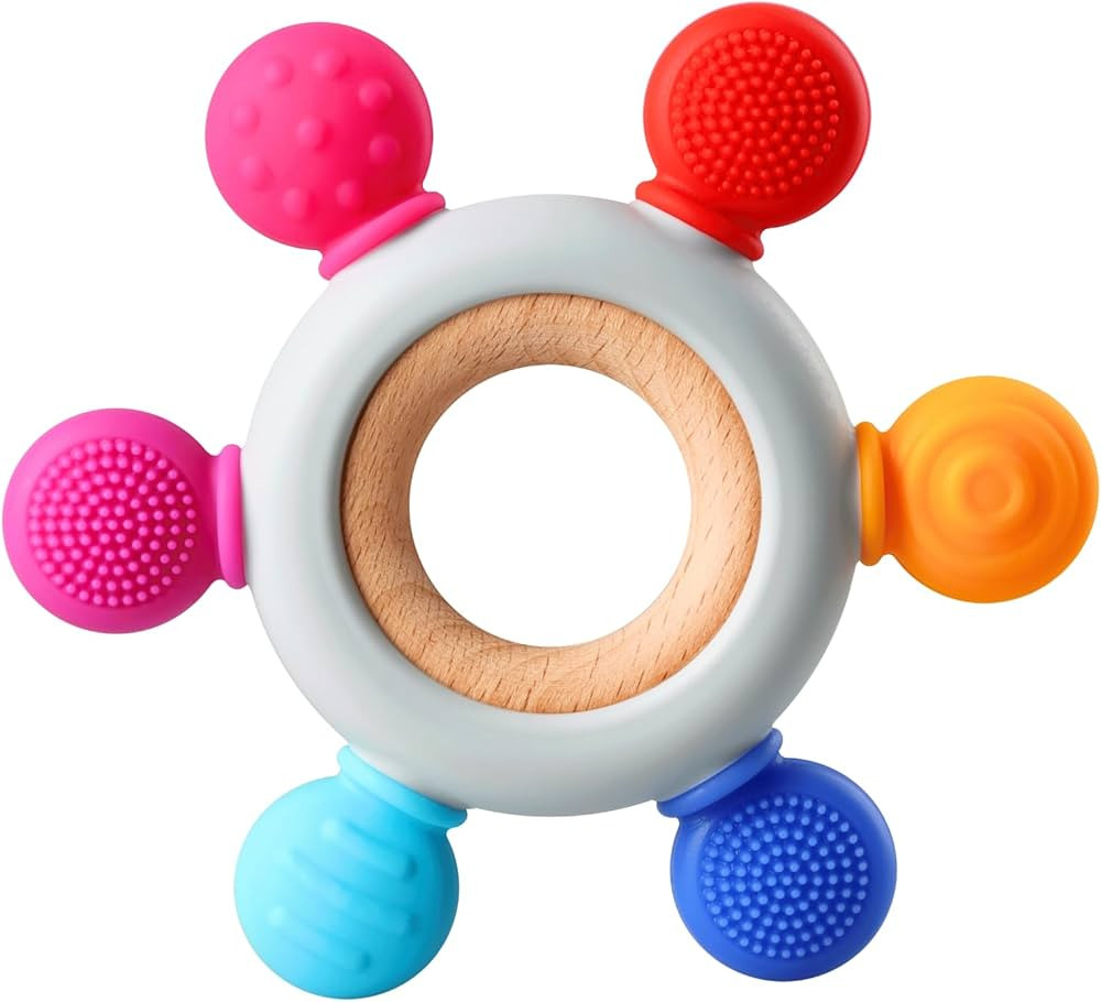 Baby Teething Toys, Silicone Chewable Teethers with Wooden Ring for Soothing Babies Gums, Rudder ... | Amazon (US)