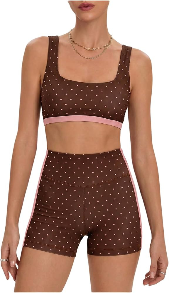 Milumia Women's Polka Dots Workout Set 2 Piece Color Block Bra Tank High Waisted Biker Shorts Lay... | Amazon (US)