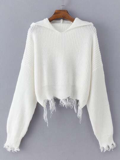Frayed Hem Solid Hooded Sweater | SHEIN
