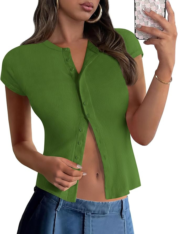 PRETTYGARDEN Women's Short Sleeve Summer Tops 2025 Trendy Ribbed Knit Button Up Tight Basic Tees ... | Amazon (US)