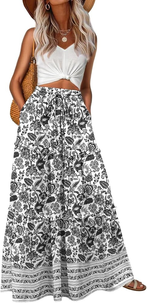 Lepunuo Womens Casual Boho High Waisted Flowy Maxi Skirts Trendy Floral Cute Long Skirts with Poc... | Amazon (US)