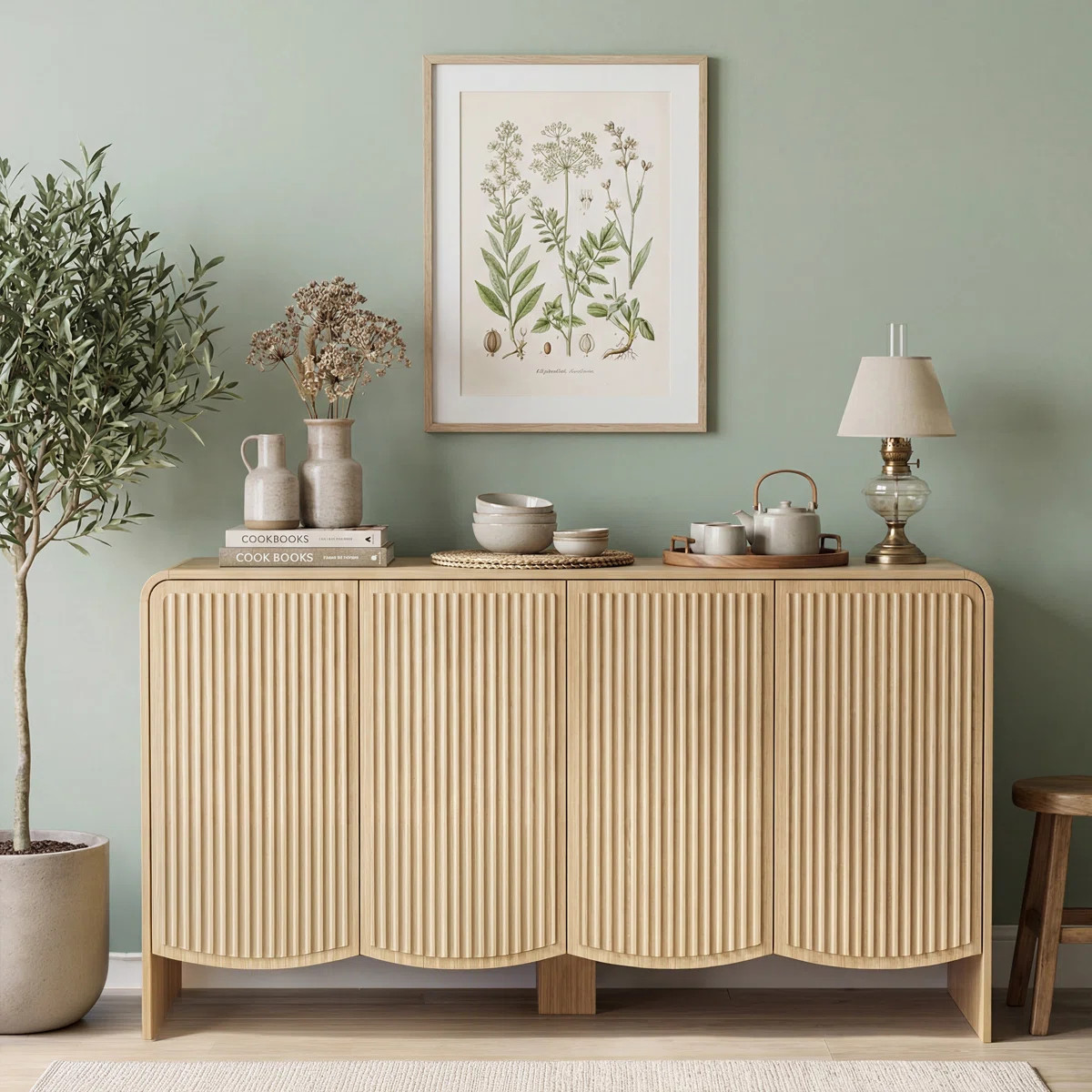 58" 4-Door Buffet Sideboard with Adjustable Shelves, Stripe Pattern, Wavy Lower Edge, for Kitchen... | Wayfair North America