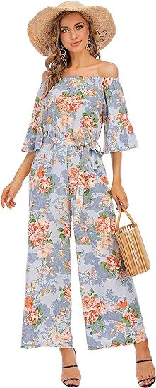 Women's Summer Floral Off Shoulder ruffled Short Sleeve High Waist Wide Leg Pants Casual Loose Ju... | Amazon (US)