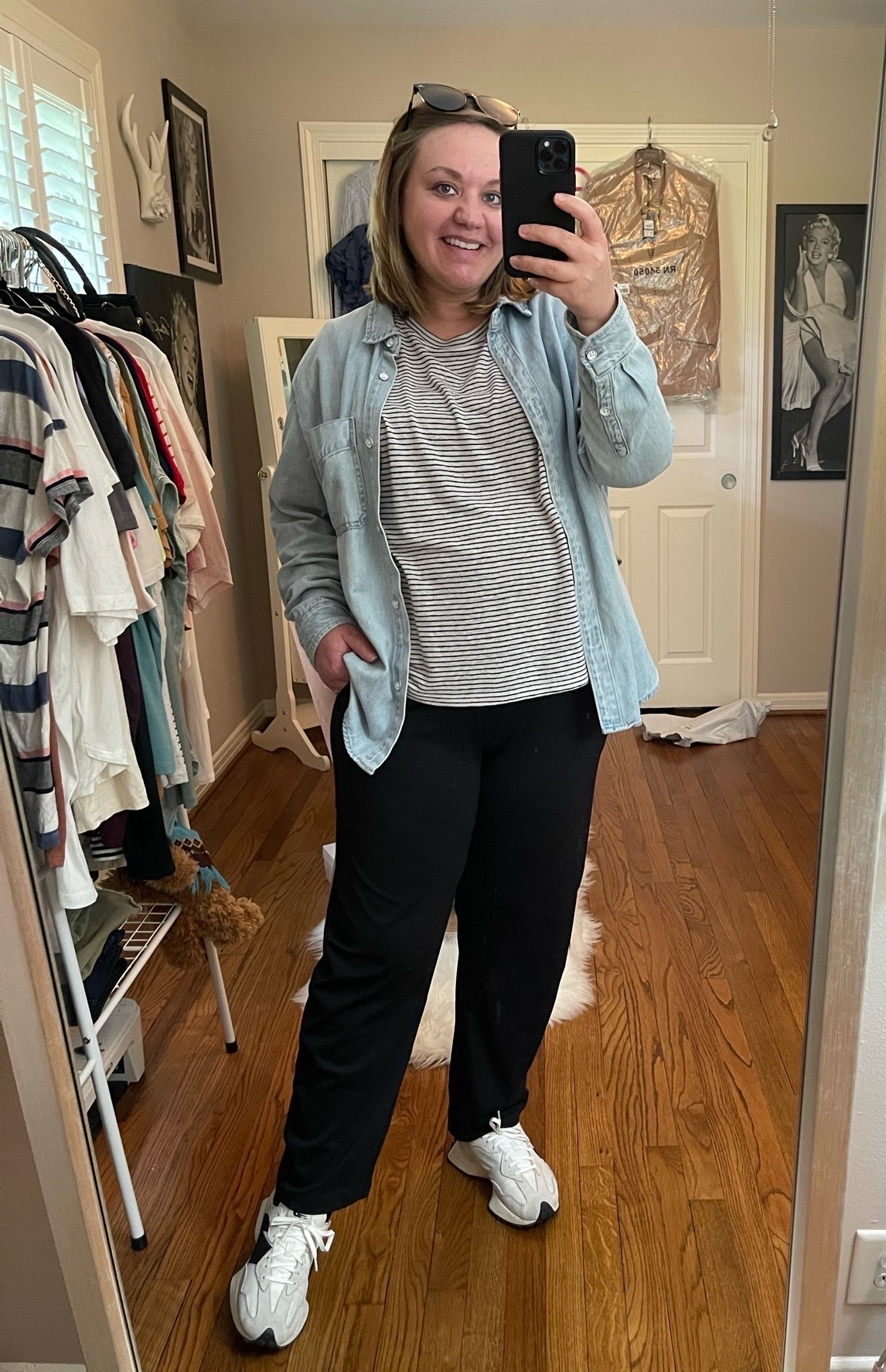 9 months pregnant and haven’t bought a single maternity item
Ankle pants, Athleisure, travel outfit, stretchy pants, black pants, straight leg pants, athletic pants, Amazon pants, new balance, sneakers, striped tee, denim shirt, back and white tee, travel style, black sunglasses, bump friendly

#LTKBump #LTKTravel #LTKMidsize