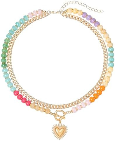 Double Layered Necklaces for Women,Colored Acrylic Beaded Choker,Gold Heart Charm Pendant, Chunky... | Amazon (US)