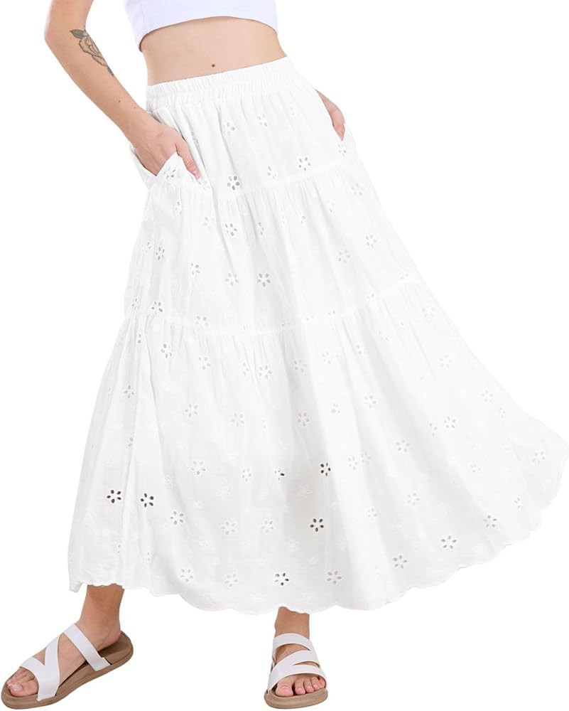 chouyatou Women's Lace Embroidery Eyelet Boho Skirt High Elastic Waisted Flowy Swing Midi Long Sk... | Amazon (US)