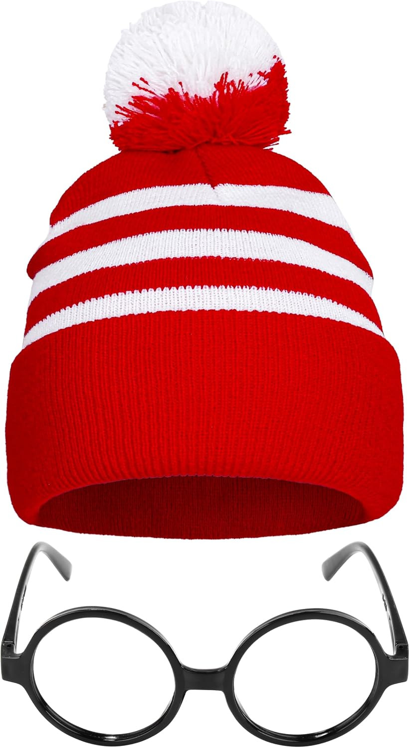 Aneco Halloween Red White Knit Beanie with Pompoms Nerd Costumes Glasses for Men, Women and Teens | Amazon (US)