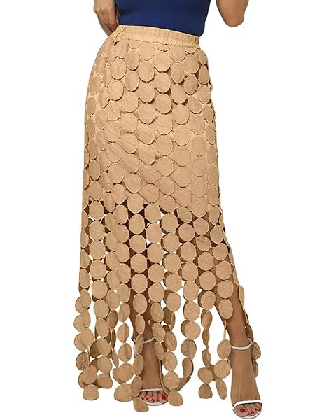 Cicy Bell Womens Hollow Out Maxi Skirts Summer High Waisted Boho Fringe Hem Long Skirt | Amazon (US)