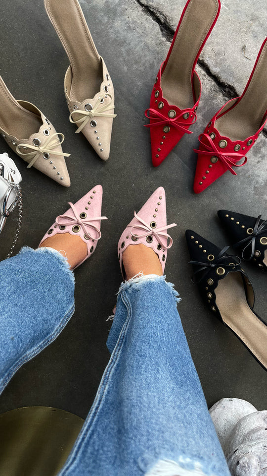 Miss Lola | Jasmyn Light Pink Mid Heel Mule Pumps | MISS LOLA