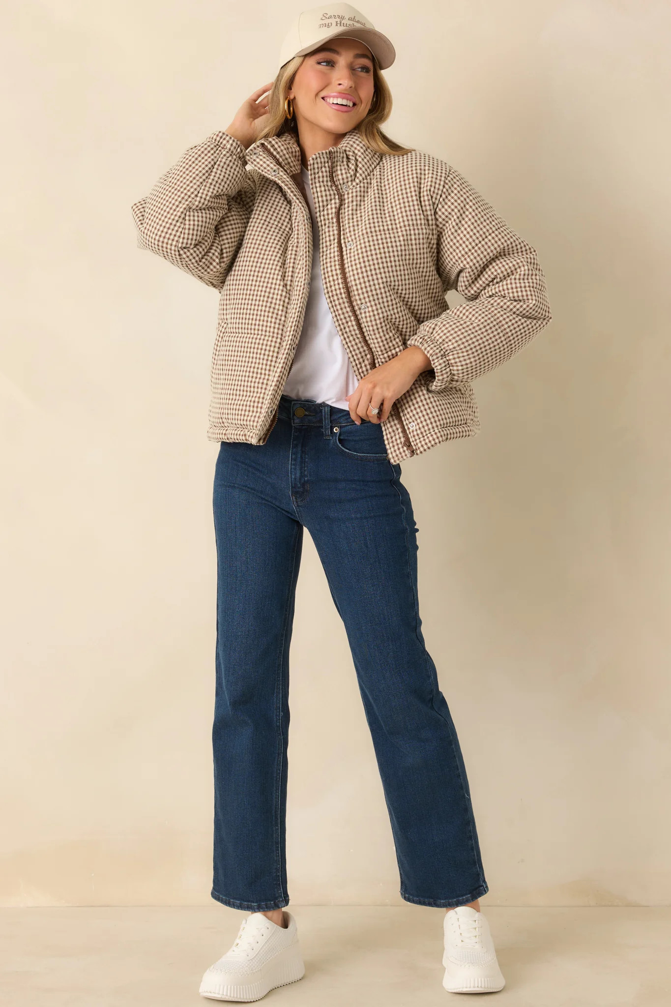 Warm Welcome Brown Gingham Puffer Coat | Red Dress