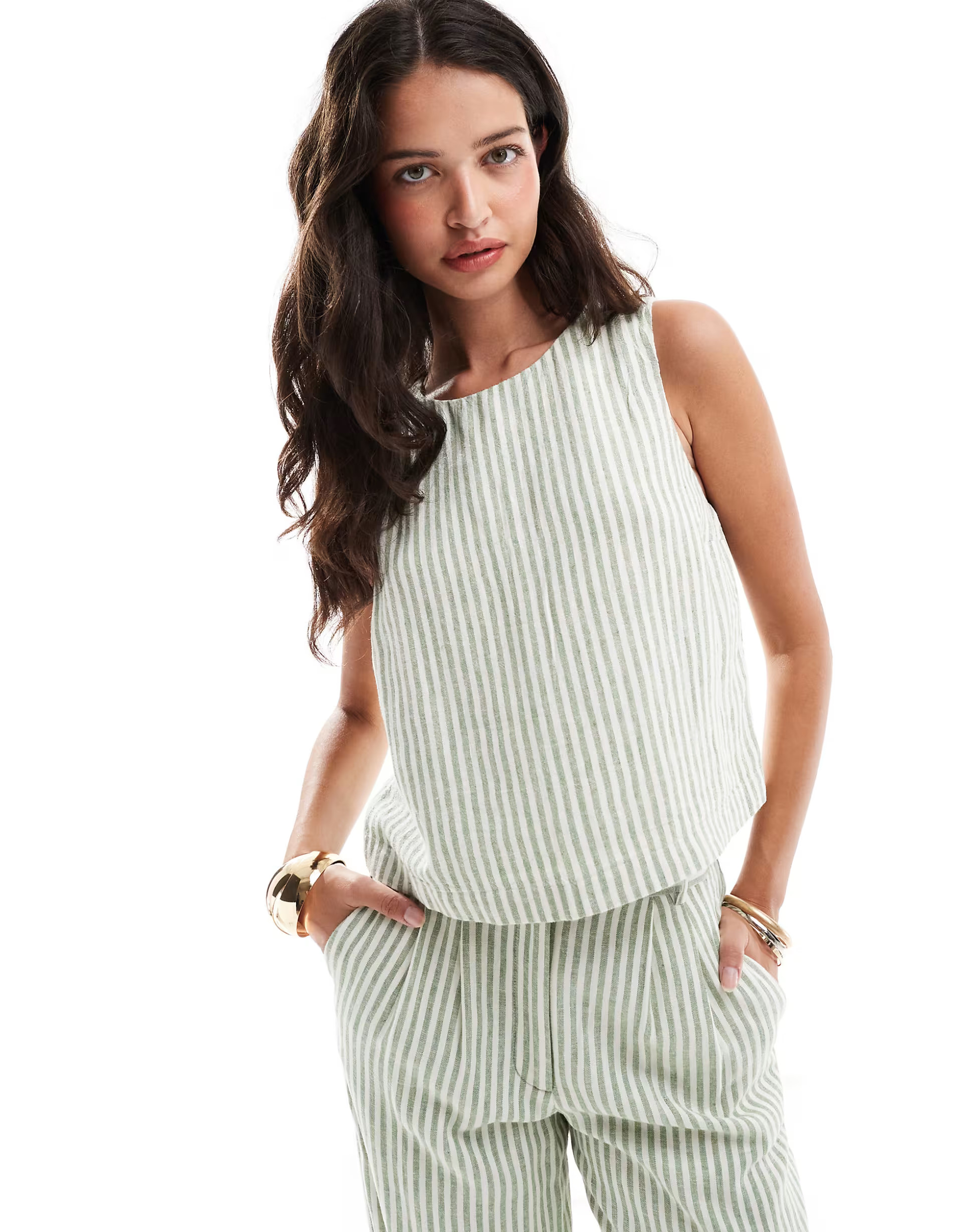Abercrombie & Fitch co-ord linen blend striped top in green and white | ASOS (Global)