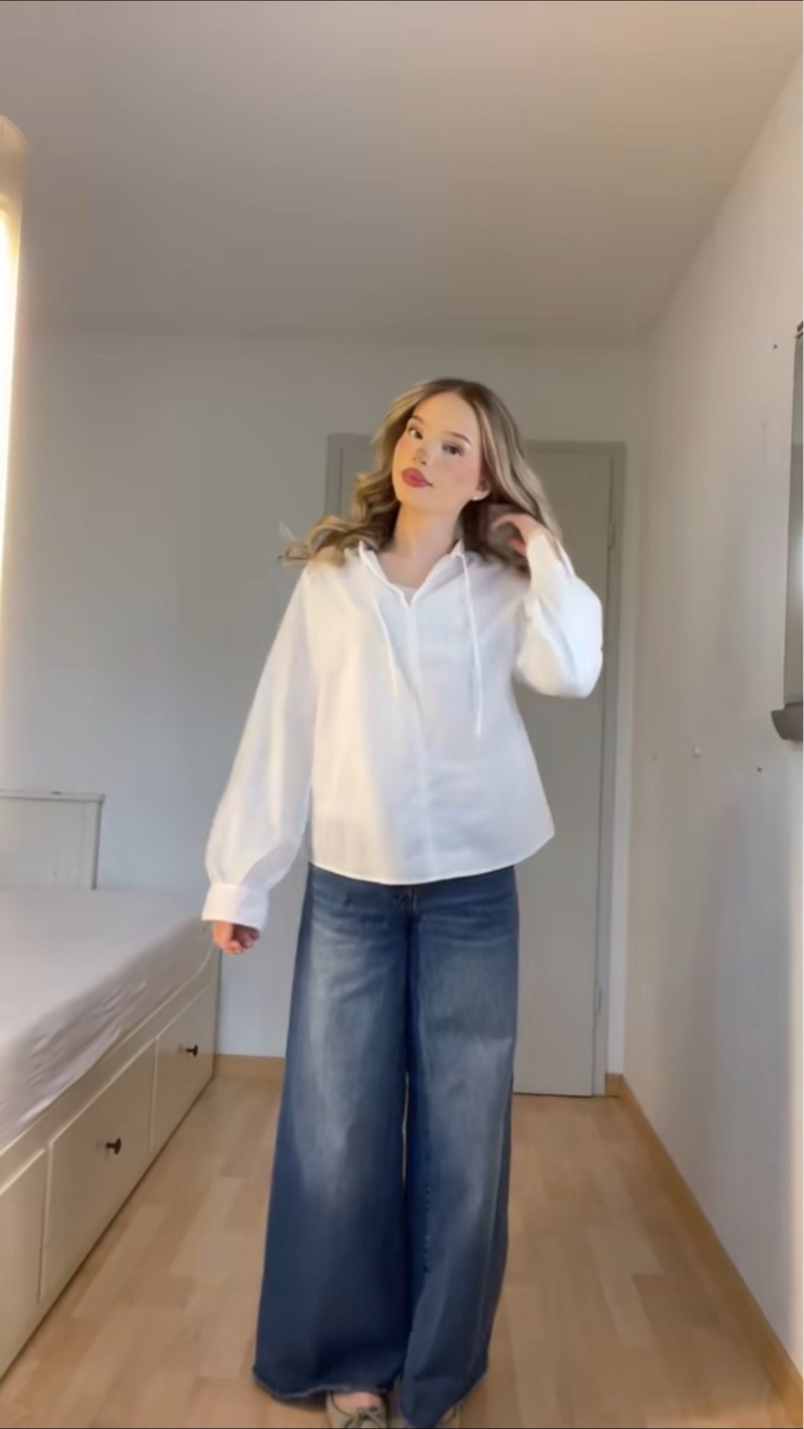 Classic White Shirt Outfit

classic white shirt outfit, white button up shirt, blue wide leg jeans, effortless style, casual chic, timeless fashion, everyday outfit, French girl style, minimalist outfit, elevated basics, capsule wardrobe, classy casual, denim outfit, feminine style, clean girl aesthetic, relaxed elegance, neutral fashion, street style, casual everyday look, wardrobe essentials, chic denim look, simple elegant outfit, polished casual, modern classic, versatile outfit
