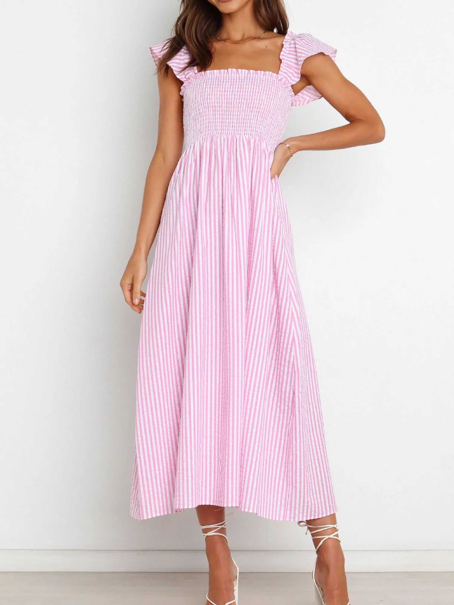 'Kacey' Square Neck Striped Ruched MidiDress | Goodnight Macaroon