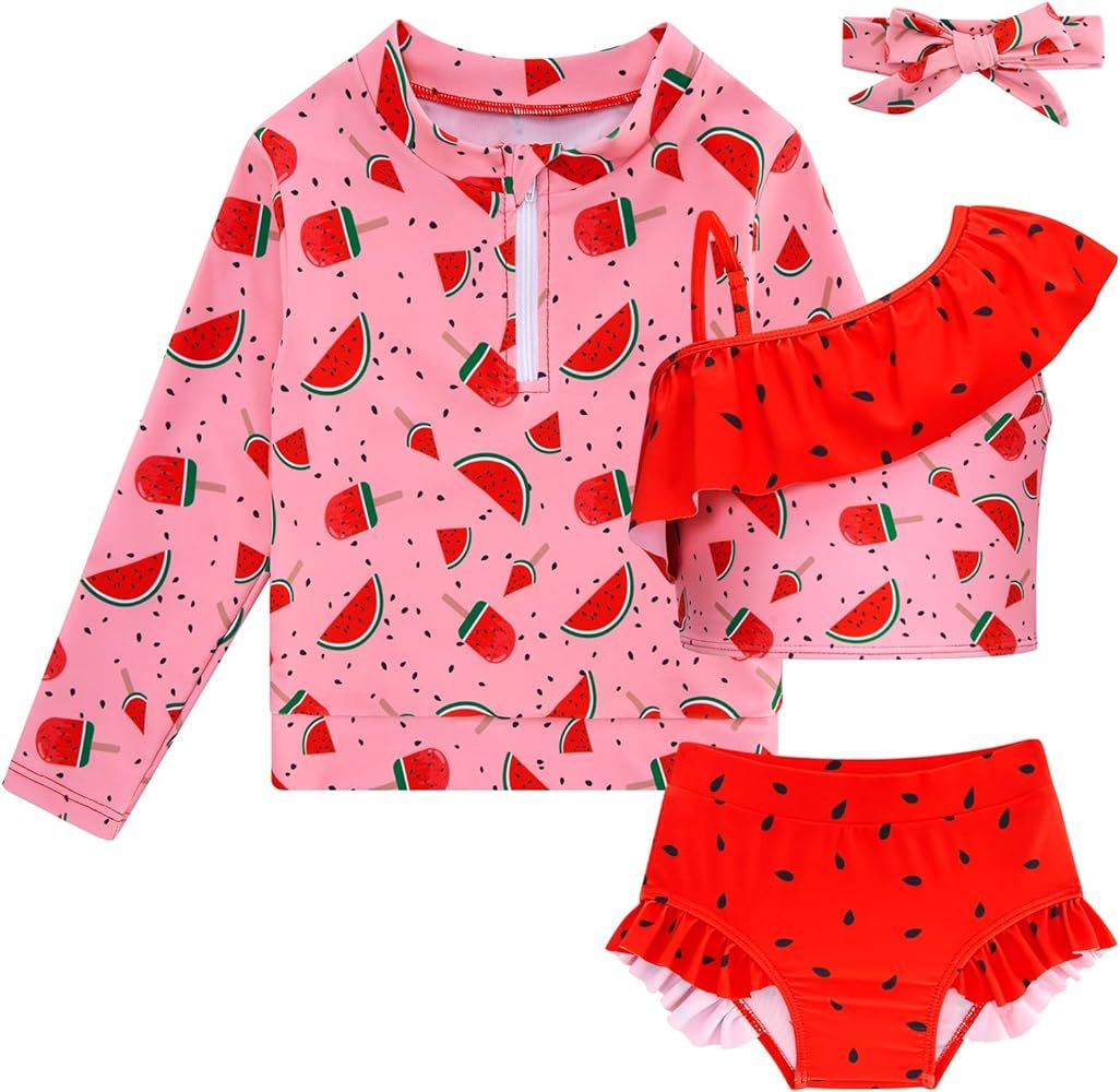 Funnycokid Baby Toddler Girls Swimsuit 4 Piece Bathing Suit Long Sleeve Rash Guard Sets | Amazon (US)