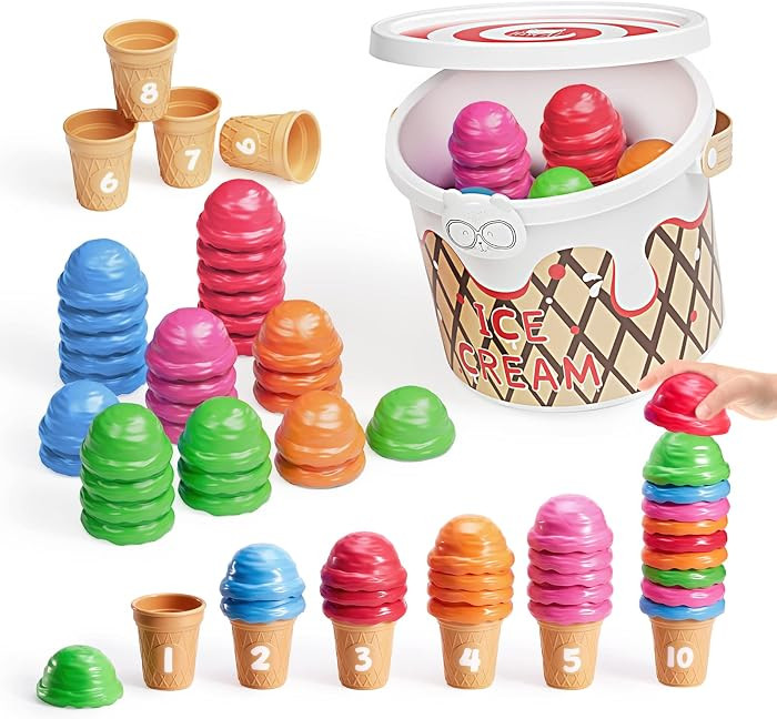 JoyCat Ice Cream Preschool Learning Activities Counting and Color Sorting Set Stacking Toys for K... | Amazon (US)