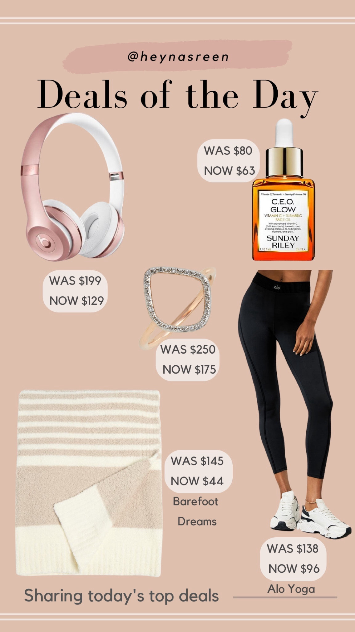 Daily deals on Beats headphones, Sunday Riley CEO glow, Alo Yoga leggings, Monica Vinader diamond ring, Barefoot Dreams blanket 

#LTKCyberWeek #LTKsalealert