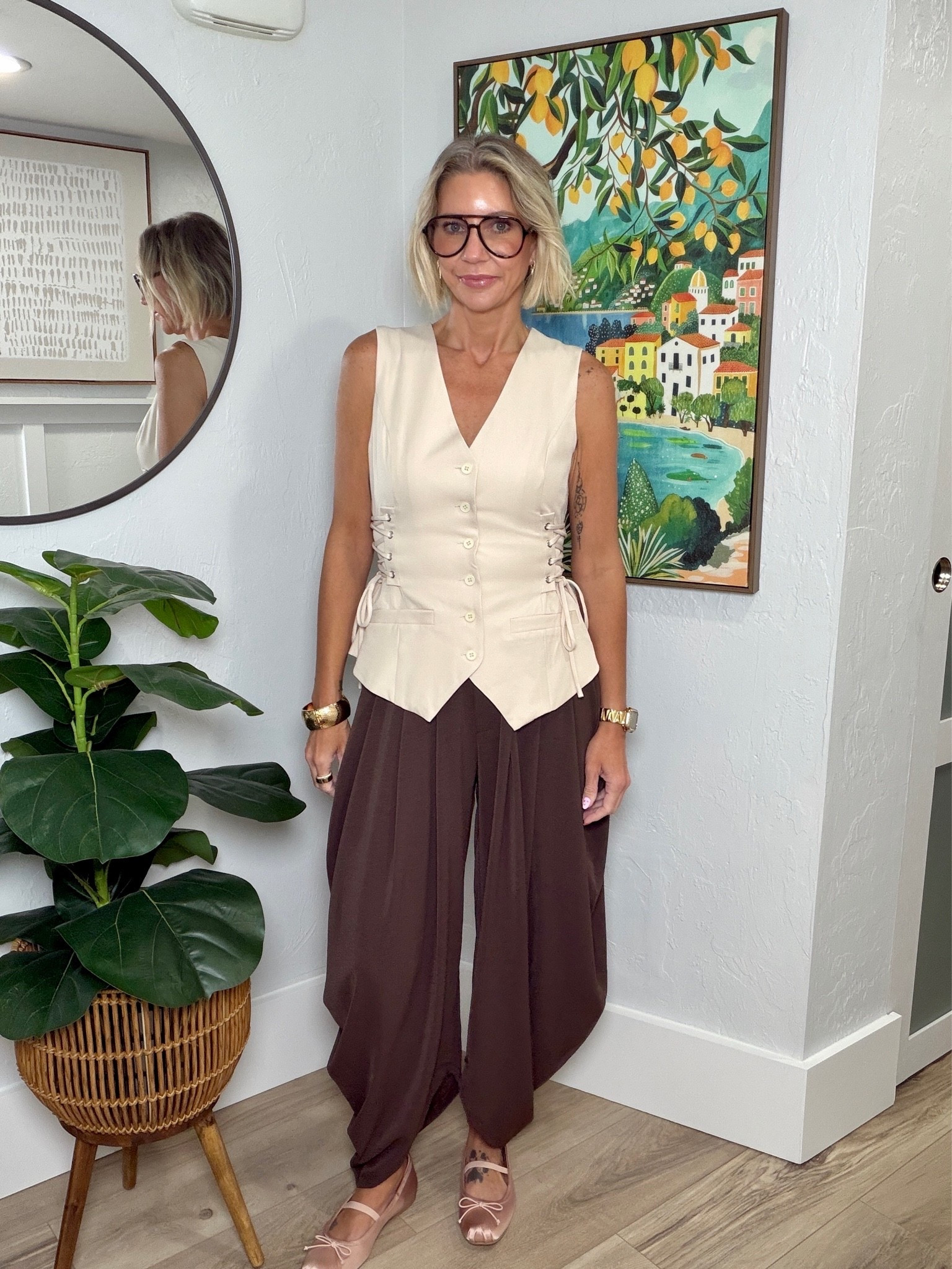 Today’s OOTD and what I wore to work. 
This vest is from SHEIN! It’s a nice heavy weight fabric you would expect from a well made suiting vest. The corset ties on the side are a fun touch too! I’m wearing an XS. 
My pants are from Amazon. They’re super comfortable and flowy giving a barrel like silhouette. Available is several color options. I’m wearing a small. 
My ballet flats are from Target. I love how much they look like actual pointe shoes! They do run slightly large.

#LTKgrwm #LTKootd #LTKWorkwear