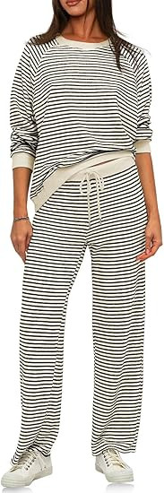 Tankaneo Womens Sweatsuits 2 Piece Sets Striped Long Sleeve Sweatshirt Wide Leg Pants Tracksuit L... | Amazon (US)