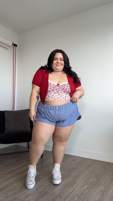 Plus size women’s boxers outfit 
Plus size boxers from old navy wearing a 3X 
Cherry crop top from Amazon size XXL 
cropped red short sleeve cardigan from Amazon size XXL
Platform converse 

#LTKplussize #LTKmidsize #LTKstyletip