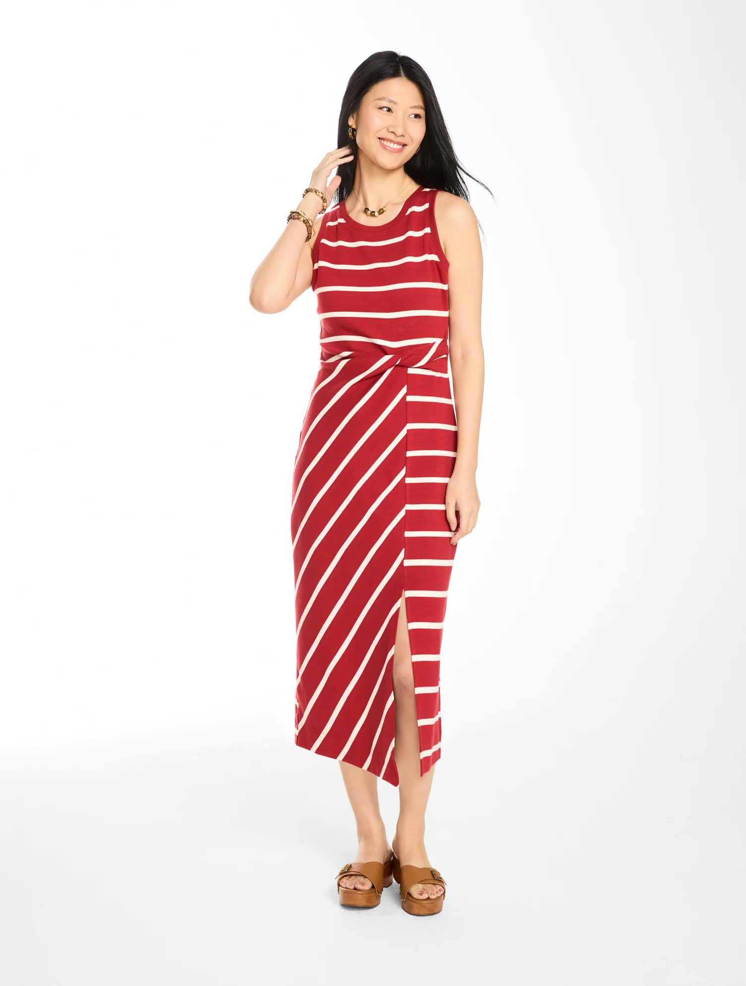 Twist Front Knit Midi Dress - Desert Stripe - Autumn Red/Ivory - XS Talbots | Talbots
