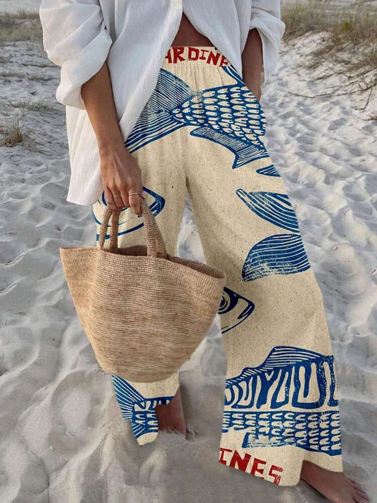 Women's Spring/Summer Break Fashion Casual Comfortable Fish Print Pattern Pocket Detail Boho Holiday Pants | SHEIN