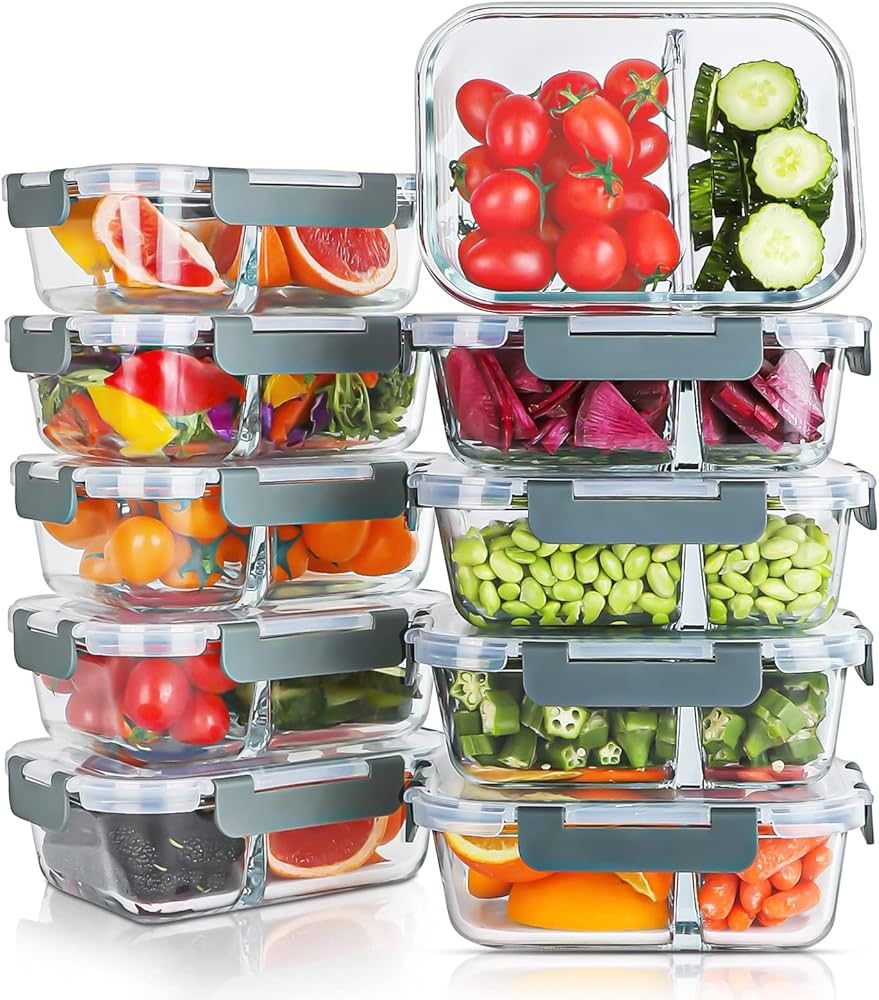 KOMUEE 10 Packs 30oz Glass Meal Prep Containers 2 Compartments,Glass Food Storage Containers with... | Amazon (US)