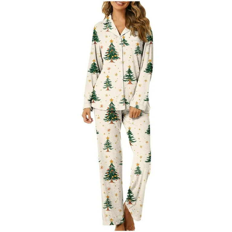 Tnhcen Holiday Women’s Christmas Tree Print Pajama Set Long Sleeve Button Front Pajamas Pants S... | Walmart (US)