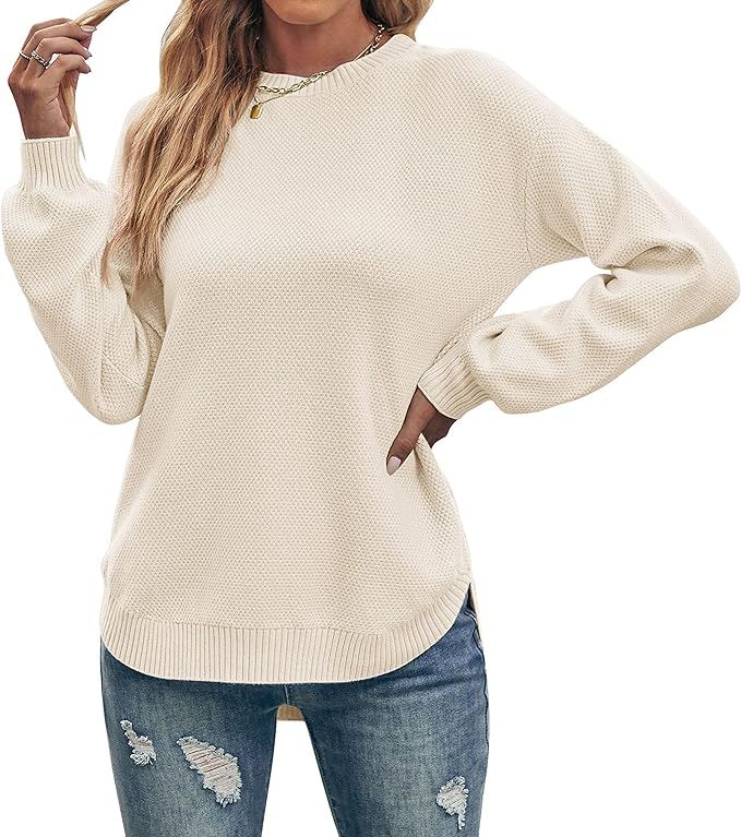 MEROKEETY Women's Long Balloon Sleeve Crew Neck Sweater Tops Waffle Knit Soft Pullover Jumper | Amazon (US)