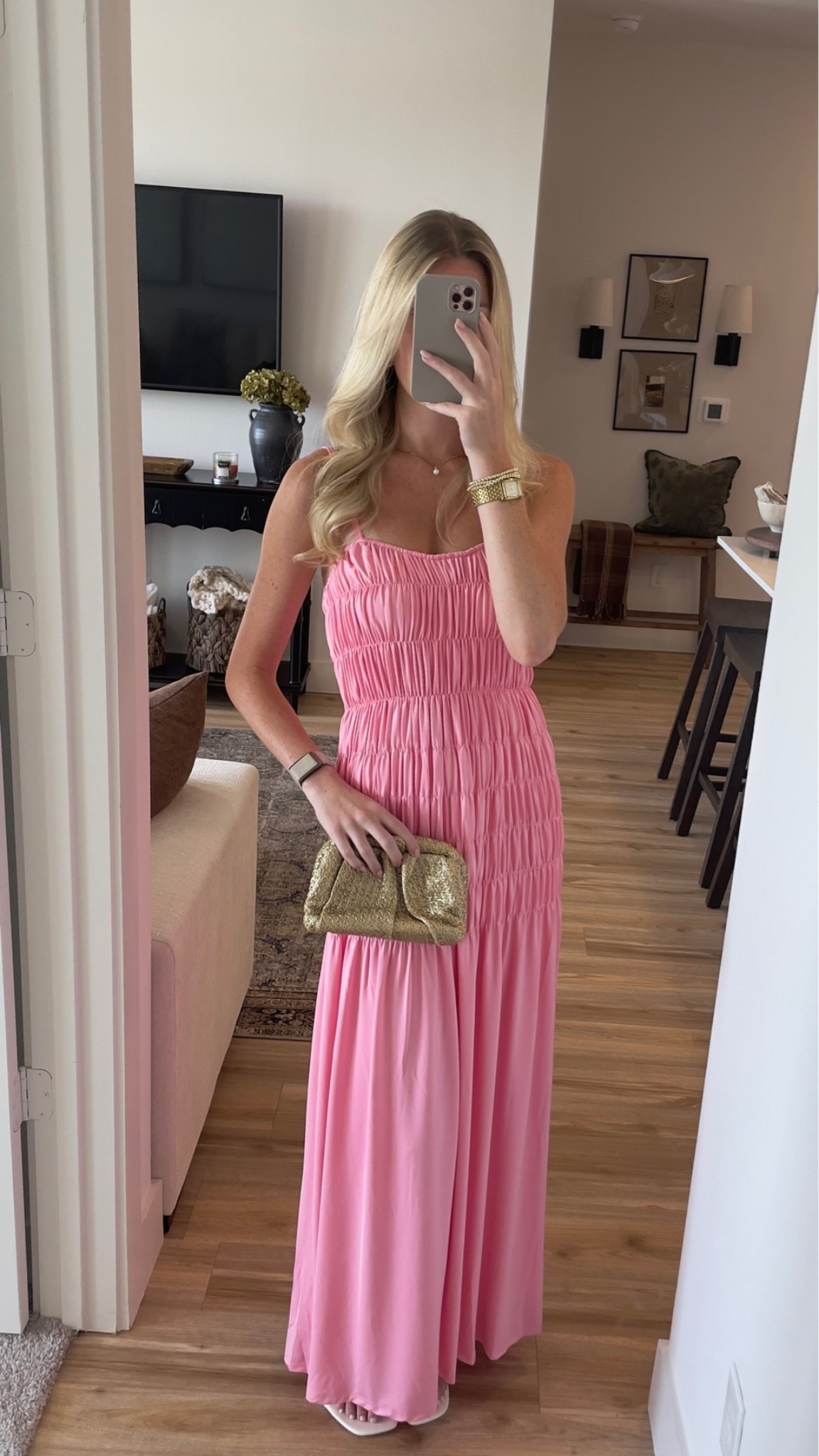 Bright pink maxi dress styled with simple gold accessories and a metallic clutch for an easy event look.

pink maxi dress / wedding guest dress / event dress / summer dress / vacation dress / pink dress / gold accessories / dressy outfit / special occasion dress

#LTKSeasonal #LTKTravel #LTKootd