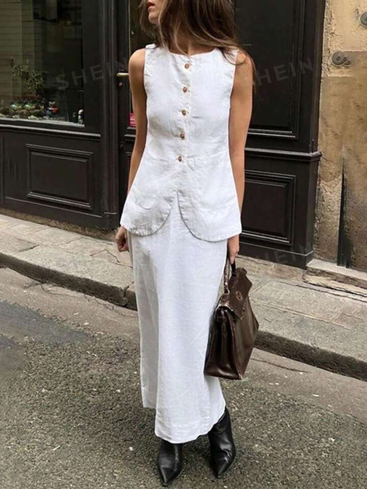 SHEIN Privé Women's Summer Casual Elegant Vacation Cotton & Linen Button Strap Vest With High Wa... | SHEIN