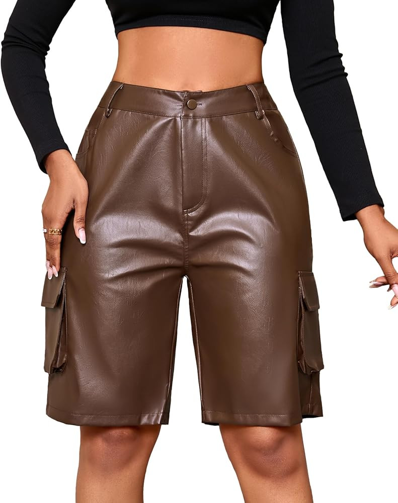 Faux Leather Cargo Shorts for Women High Waisted Casual Wide Leg Bermuda Shorts with Pockets | Amazon (US)
