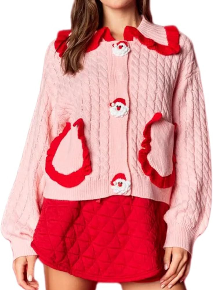 Women Christmas Sweater Cardigan Y2K Sequin Button Down Sweater Cute Babydoll Open Front Holiday ... | Amazon (US)
