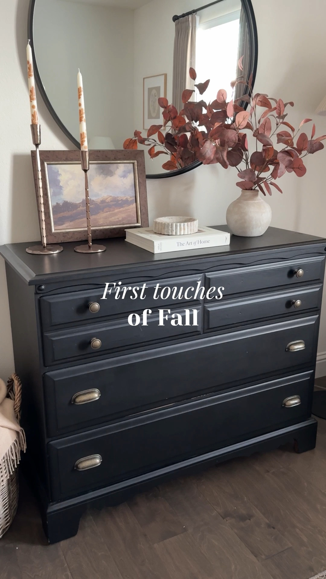 Fall is sneaking in 🍂 Just added a few cozy touches to the guest bedroom dresser—autumn leaves, copper candle holders, moody art, and those leaf candles I can’t get enough of 🤎

#LTKStyleTip #LTKHome