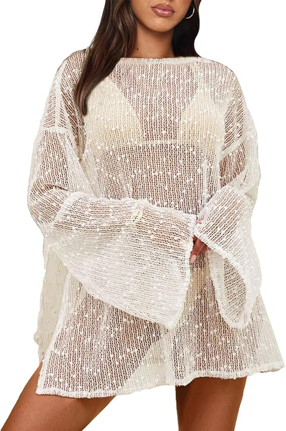 Crochet Swimsuit Coverup for Women Boat Neck Bathing Suit Cover Up 2026 Summer Sexy Beach Caftan ... | Amazon (US)